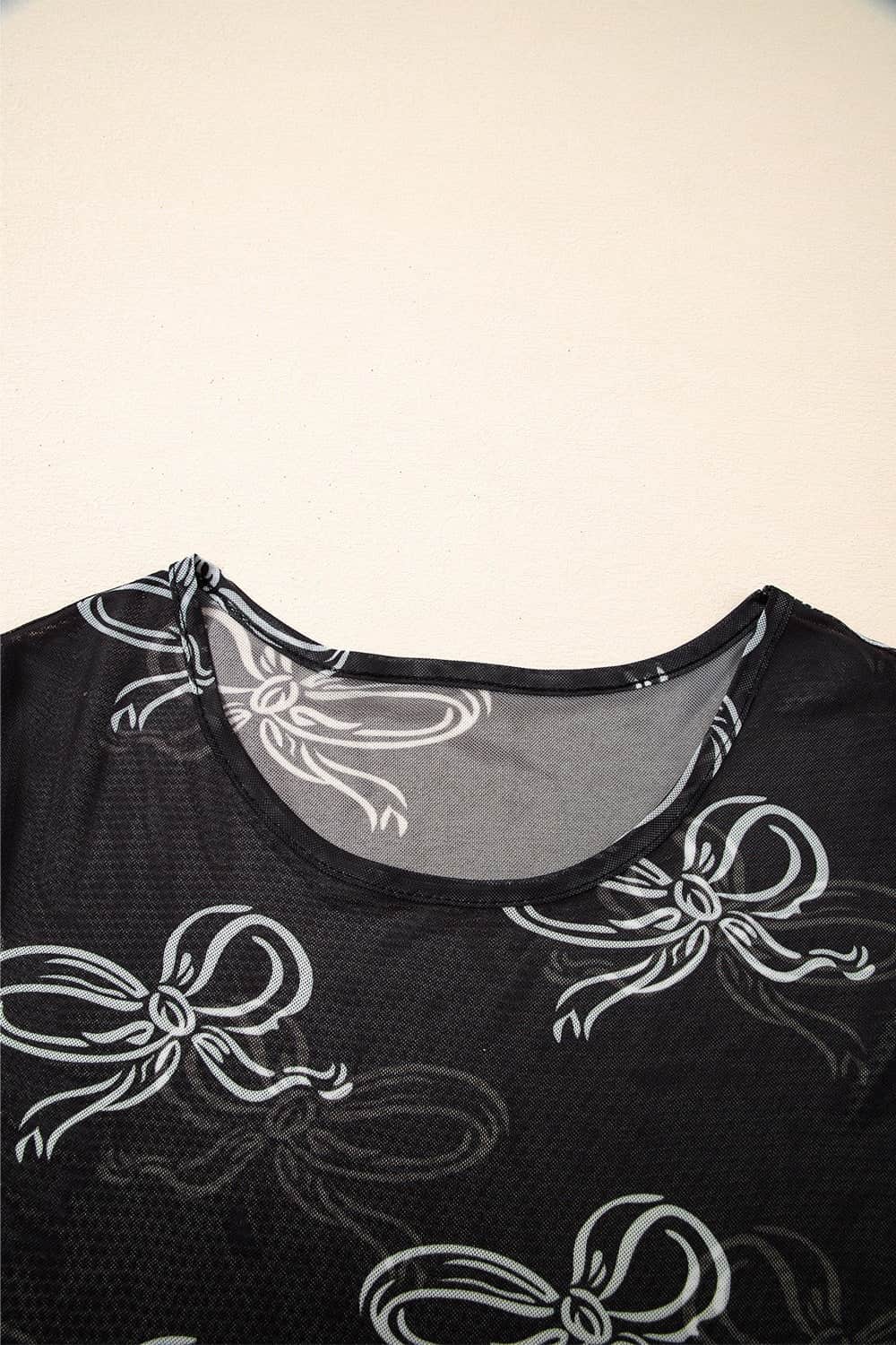Bow Mesh Round Neck Short Sleeve T-Shirt