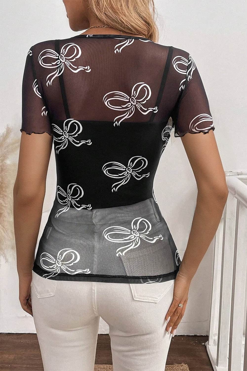 Bow Mesh Round Neck Short Sleeve T-Shirt