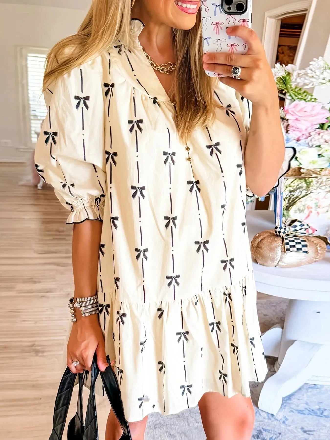 Bow Print Button Front Shirt Dress Apricot / S
