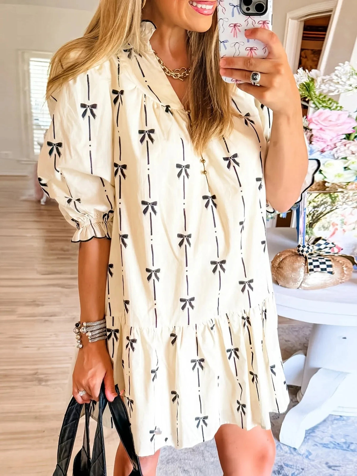Bow Print Button Front Shirt Dress Apricot / S
