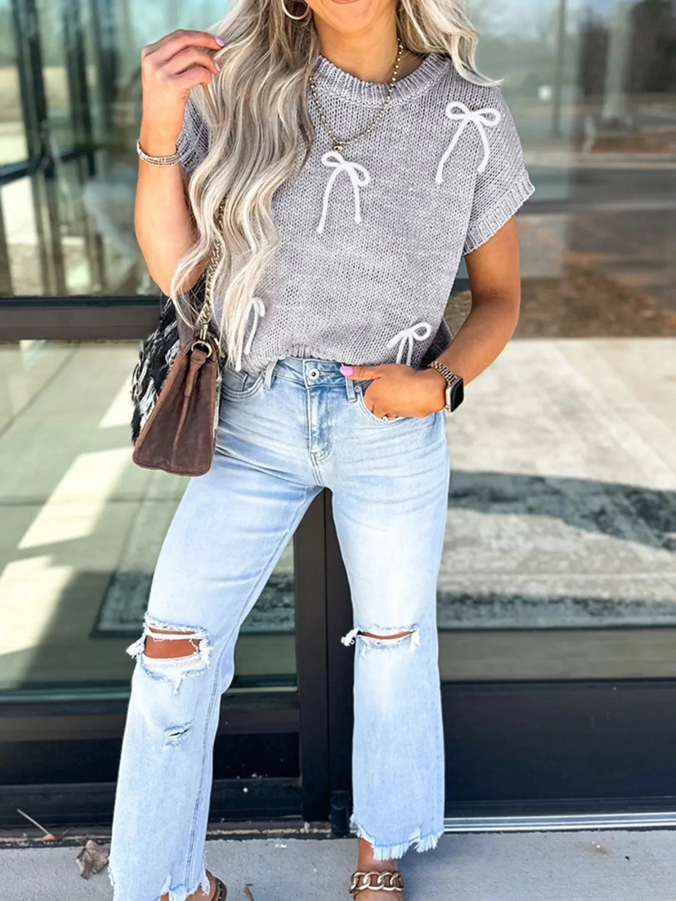 Bow Round Neck Short Sleeve Sweater