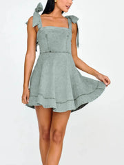 Bow-Shoulder Square Neck Denim Mini Dress