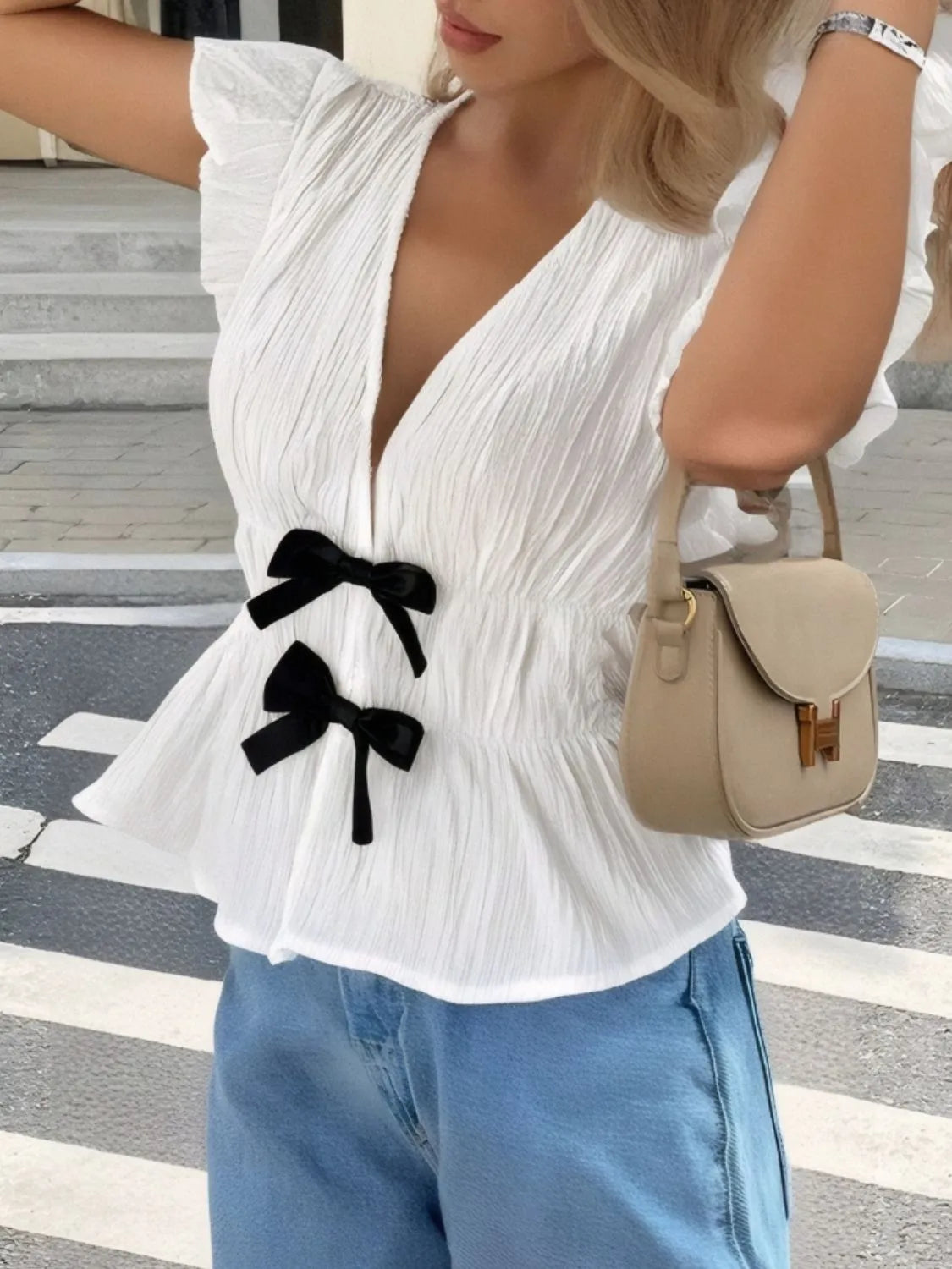 Bow V-Neck Cap Sleeve Blouse