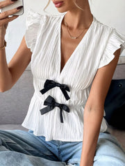 Bow V-Neck Cap Sleeve Blouse