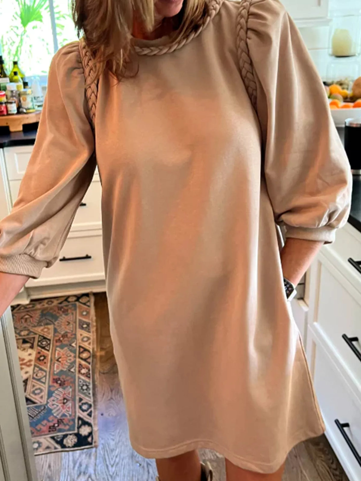 Braided Trim Puff Sleeve Dress Khaki / S