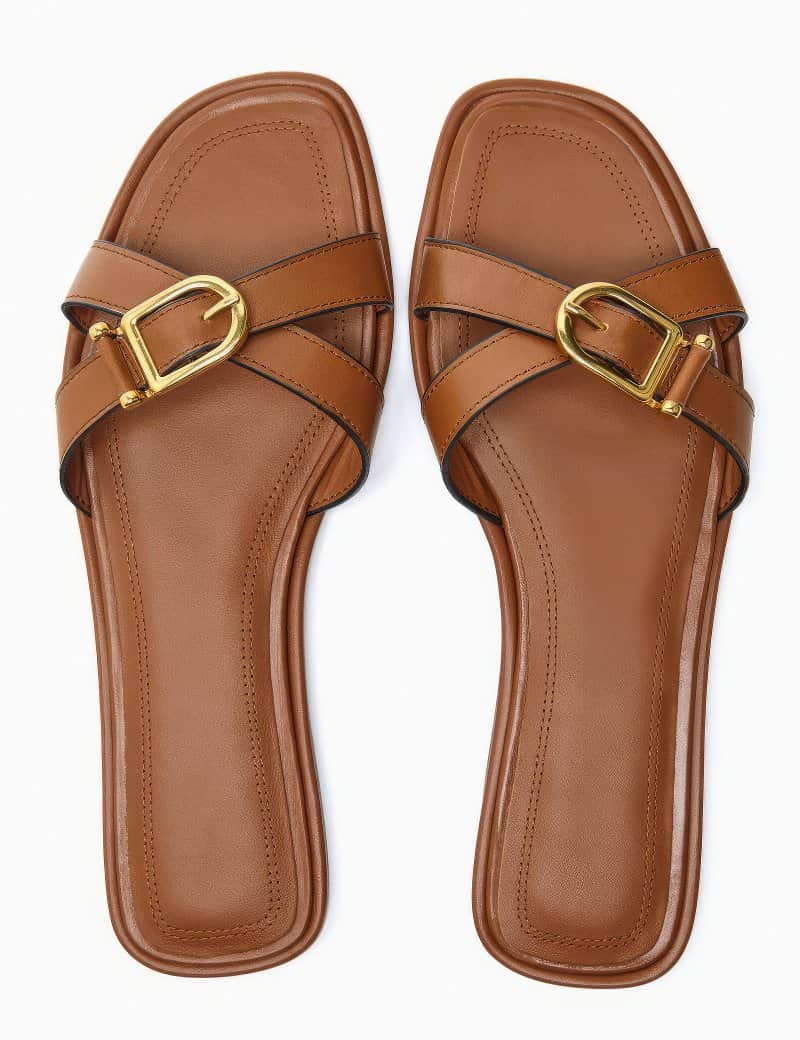 Brown Leather Metal Big Toe Ring Flat Sandals