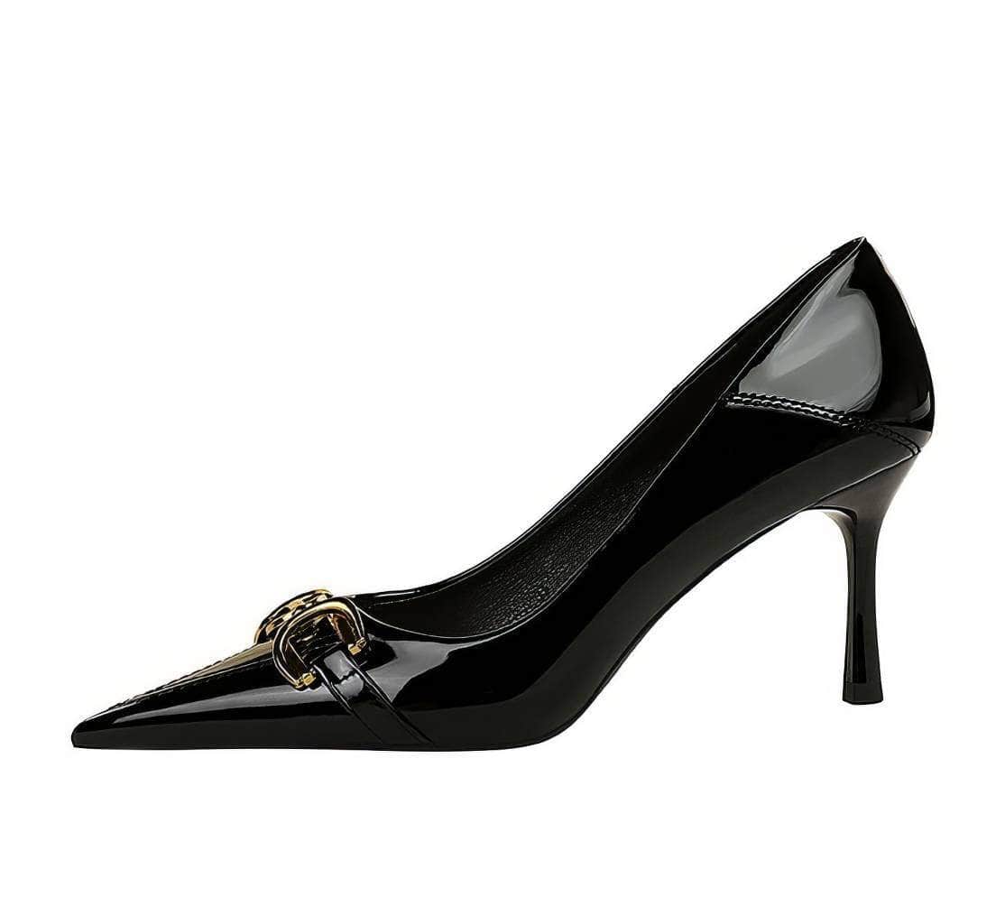 Buckle Decor Pointy Toes Glossy Stilettos EU 33 / Black / 7CM