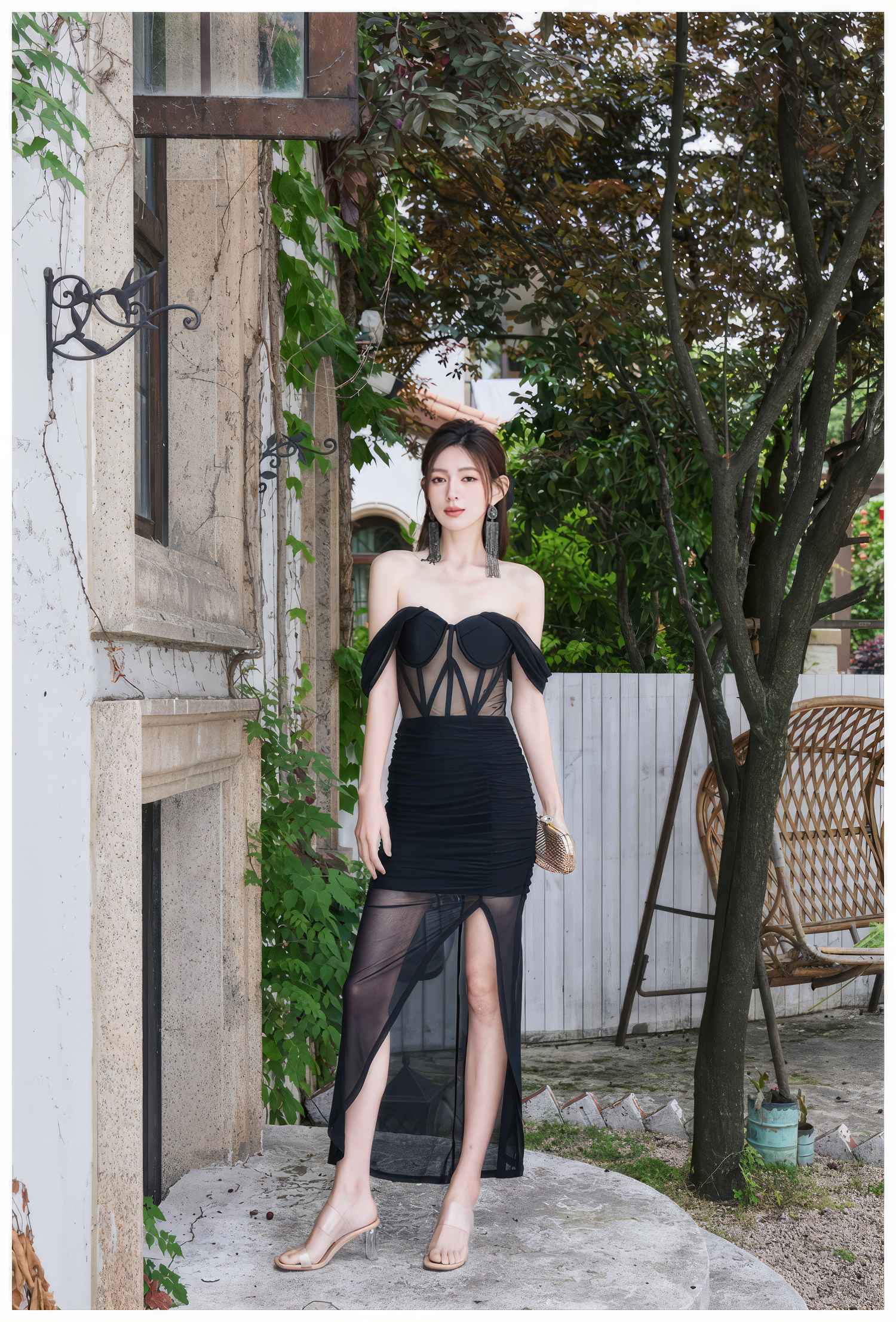 Bustier Mesh Draped Off-Shoulder Maxi dress