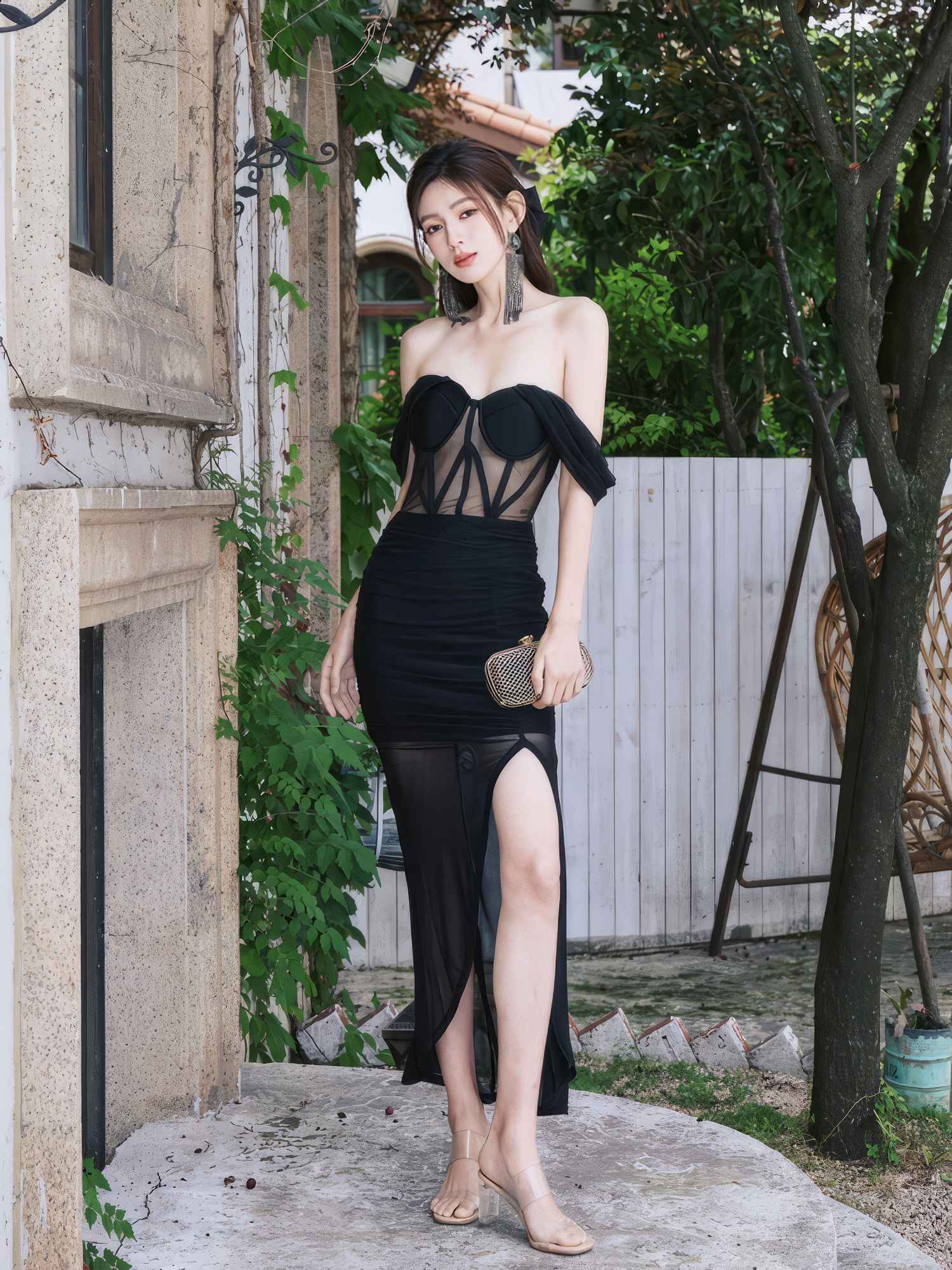 Bustier Mesh Draped Off-Shoulder Maxi dress