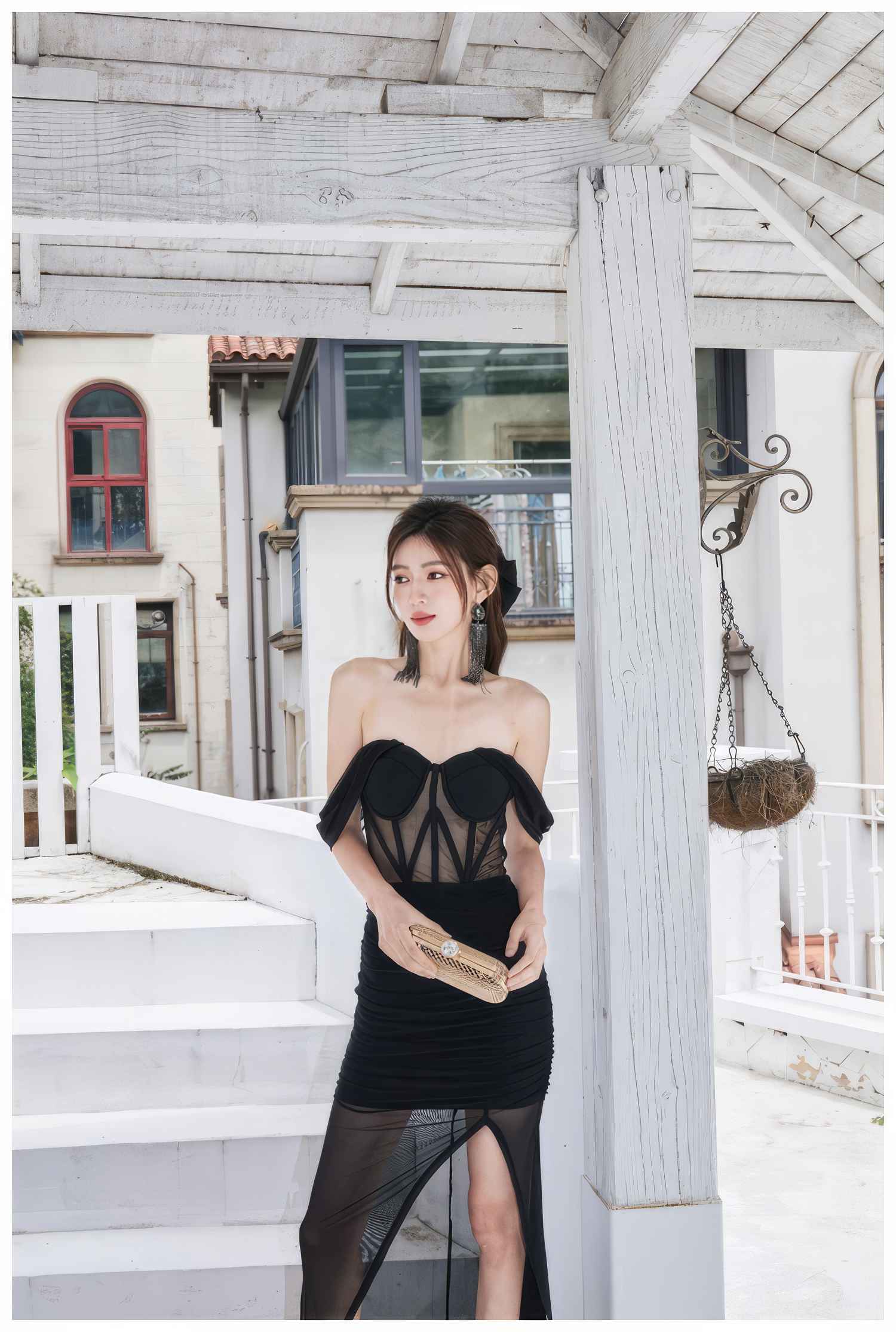 Bustier Mesh Draped Off-Shoulder Maxi dress