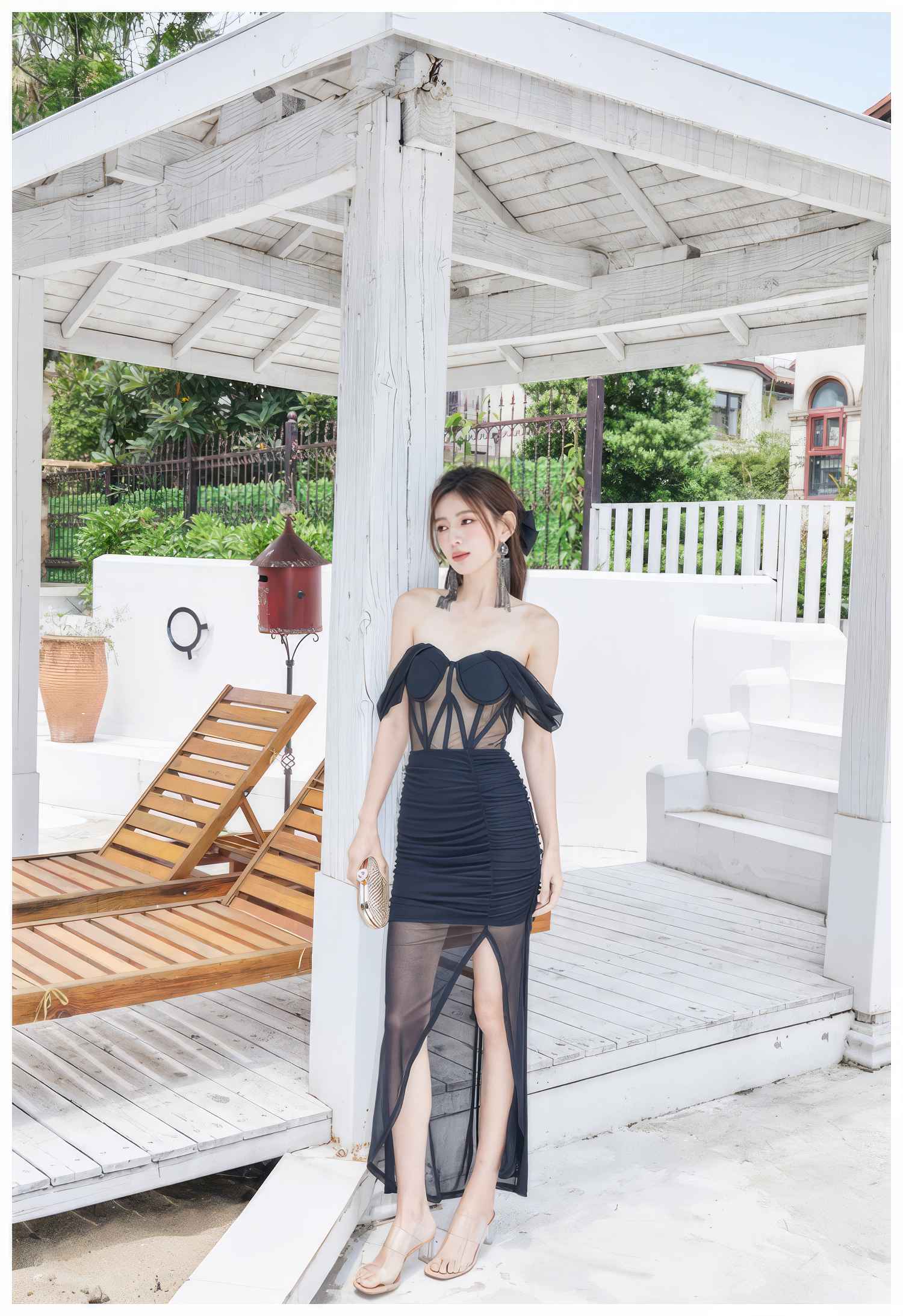 Bustier Mesh Draped Off-Shoulder Maxi dress