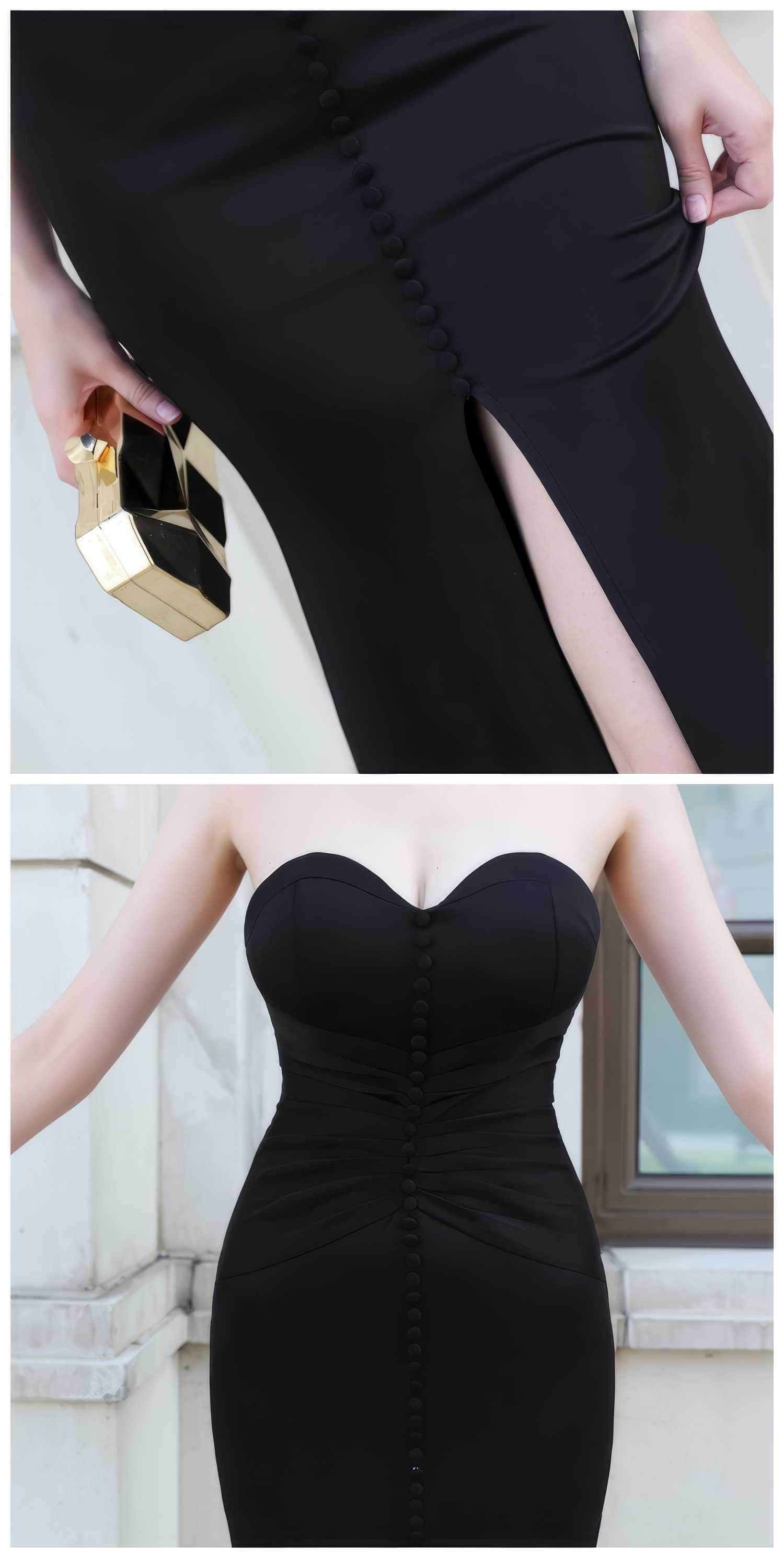 Bustier Pleated Button-Down Mermaid Dress XS / Black