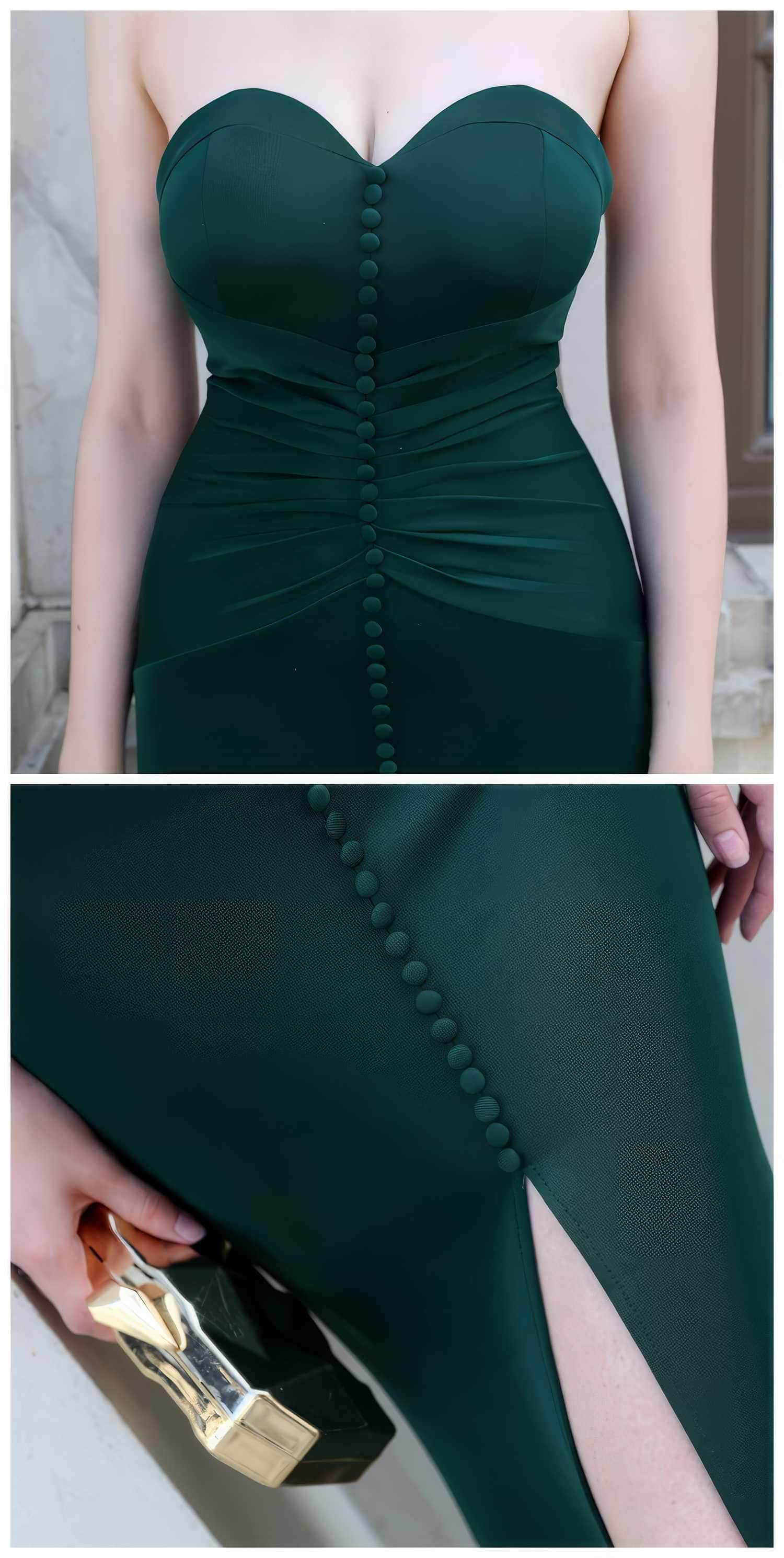 Bustier Pleated Button-Down Mermaid Dress XS / DarkGreen