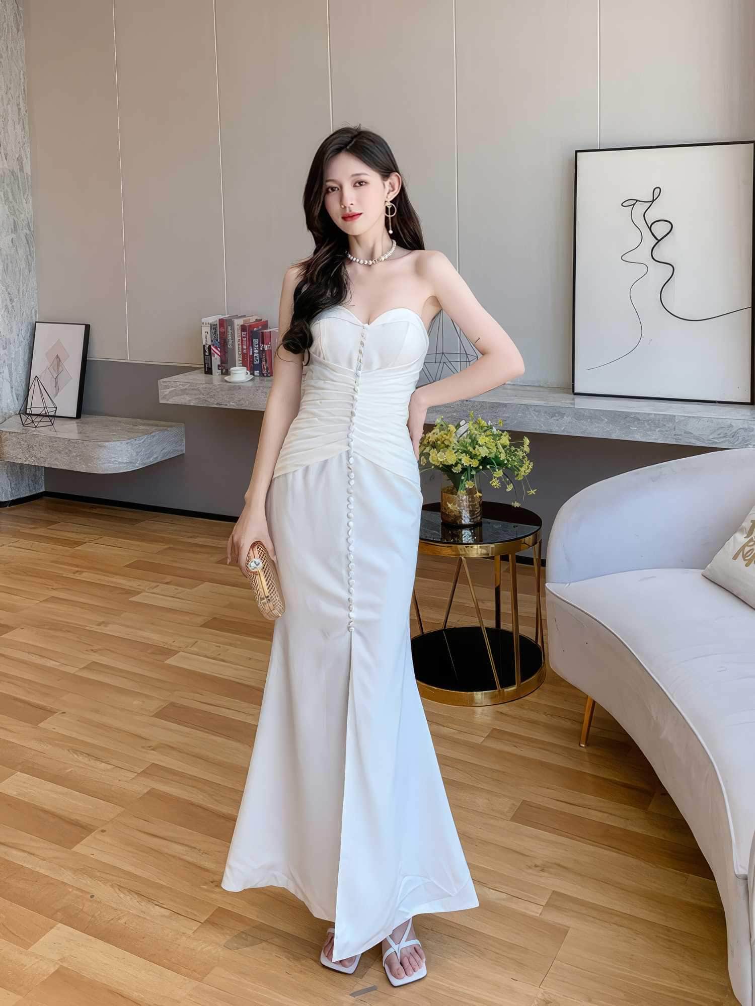 Bustier Pleated Button-Down Mermaid Dress XS / White