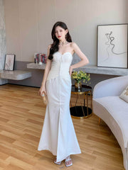 Bustier Pleated Button-Down Mermaid Dress XS / White