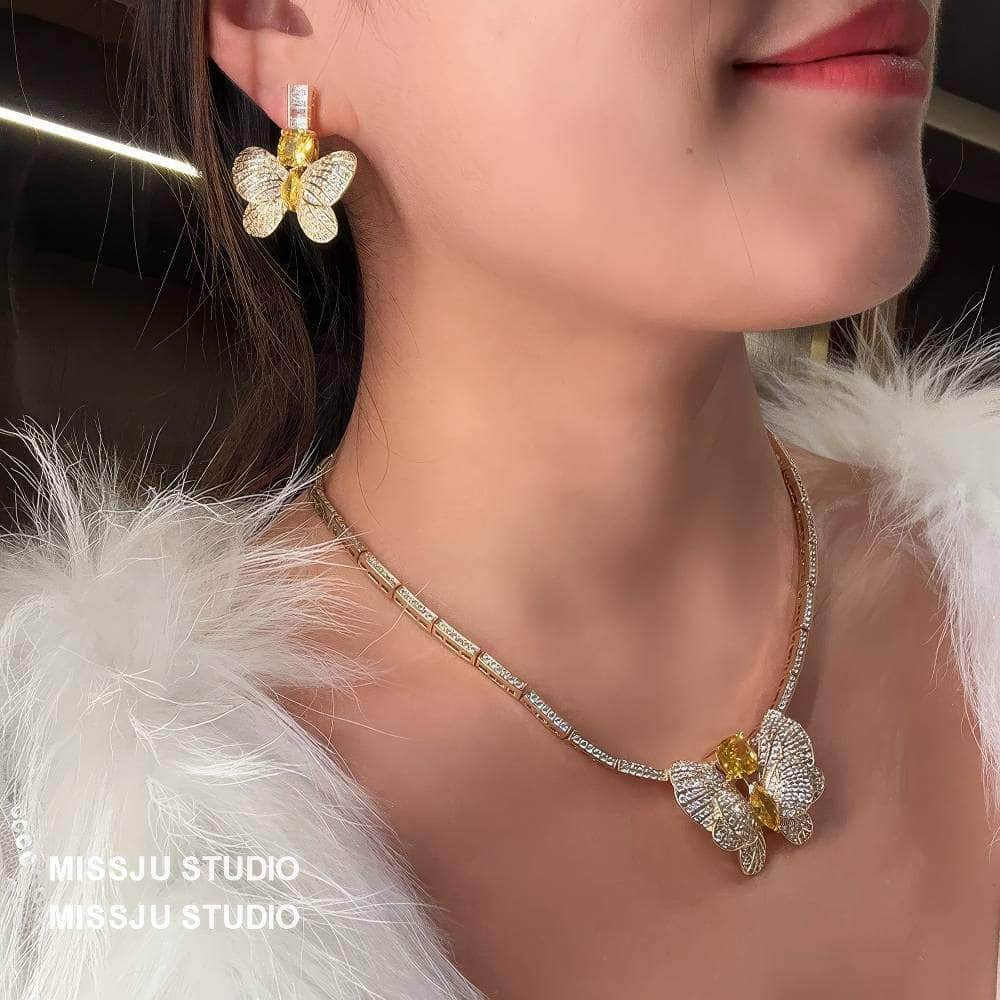 Butterfly Decorated Rhinestone Earring Necklace Set