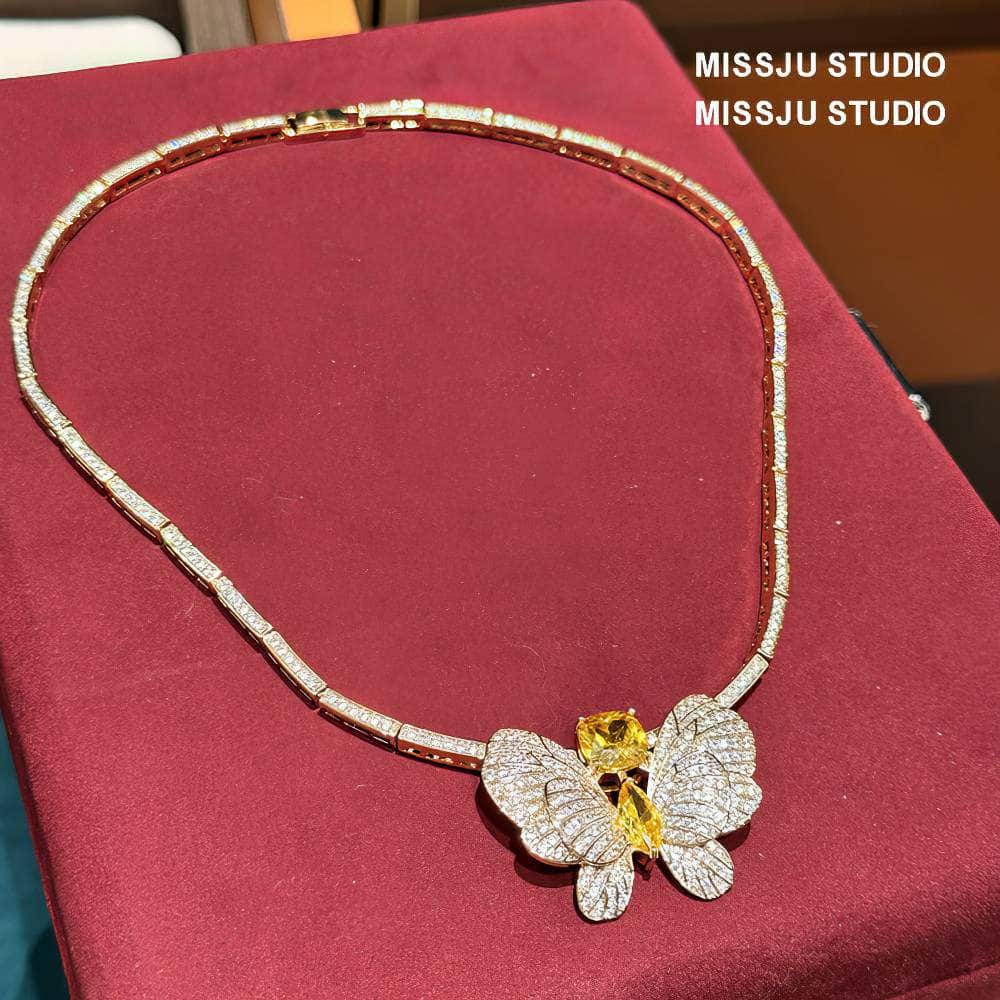 Butterfly Decorated Rhinestone Earring Necklace Set