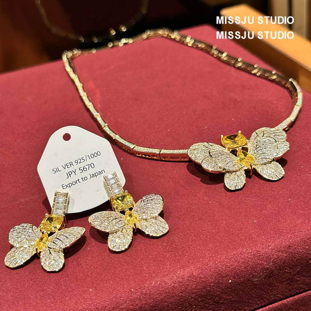 Butterfly Decorated Rhinestone Earring Necklace Set