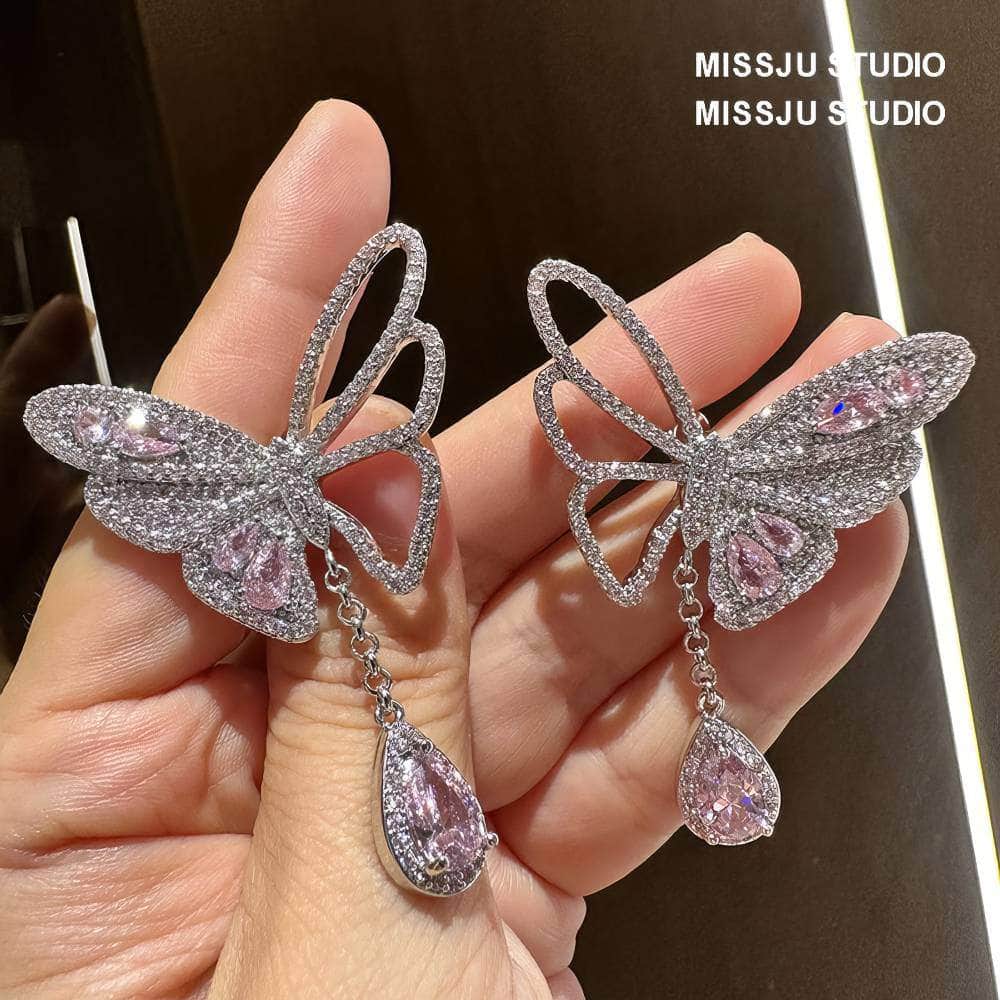 Butterfly Pink Crystal Teardrop Statement Earrings Pink