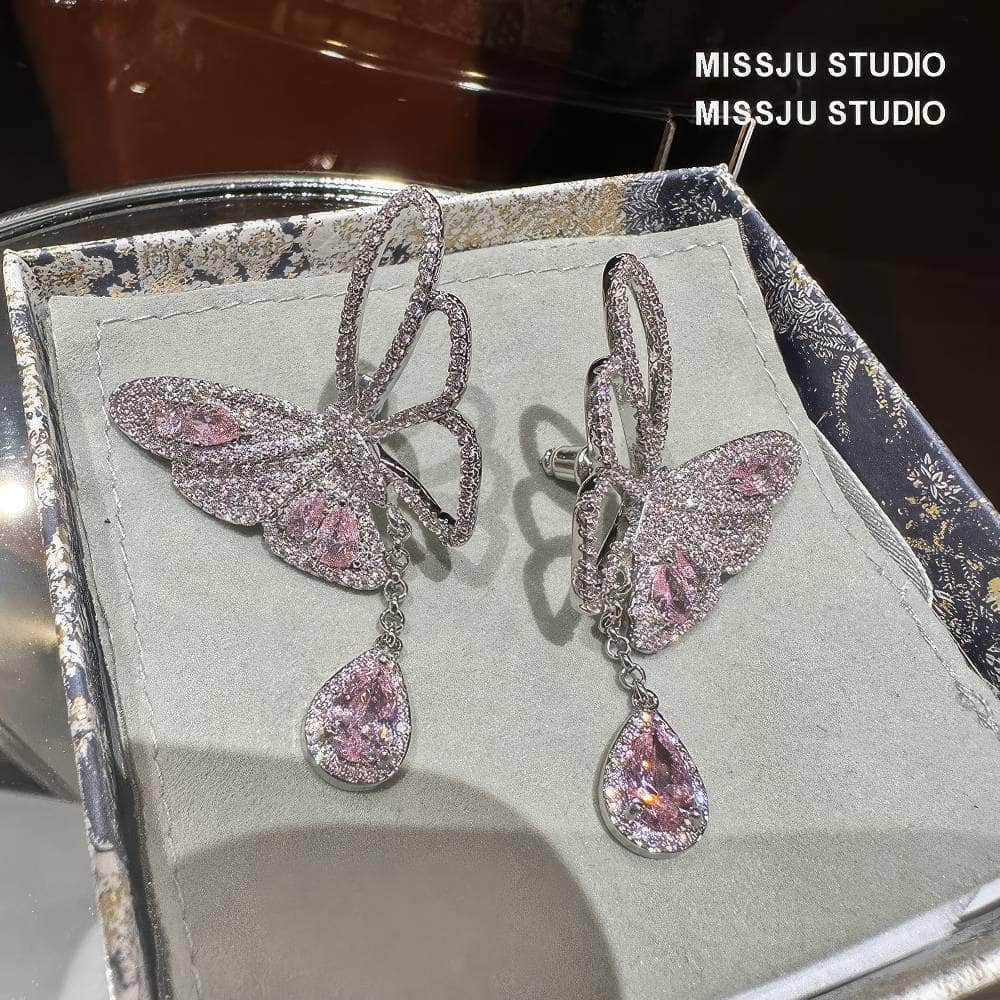 Butterfly Pink Crystal Teardrop Statement Earrings Pink