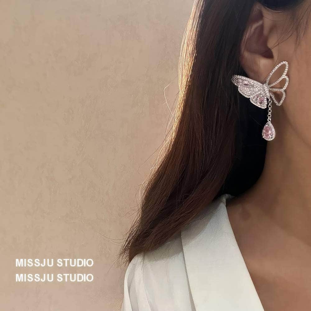 Butterfly Pink Crystal Teardrop Statement Earrings Pink