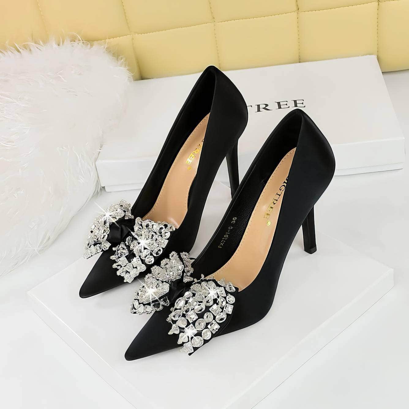 Butterfly Rhinestone Pointy Toes Satin Heels
