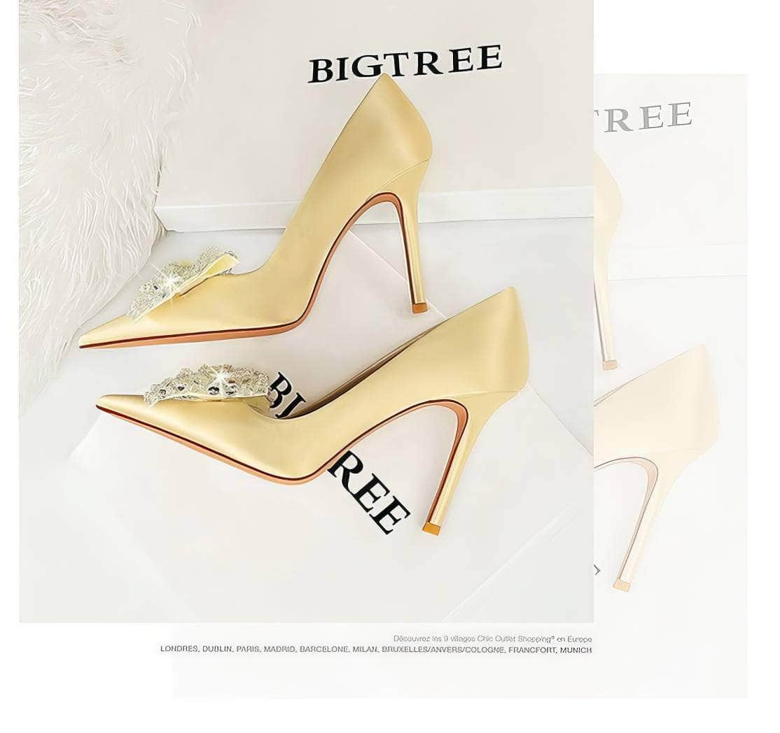 Butterfly Rhinestone Pointy Toes Satin Heels