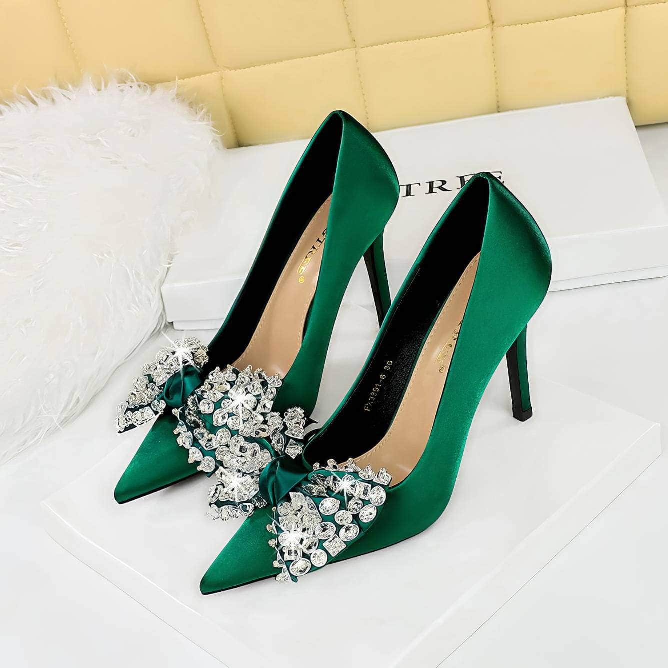 Butterfly Rhinestone Pointy Toes Satin Heels