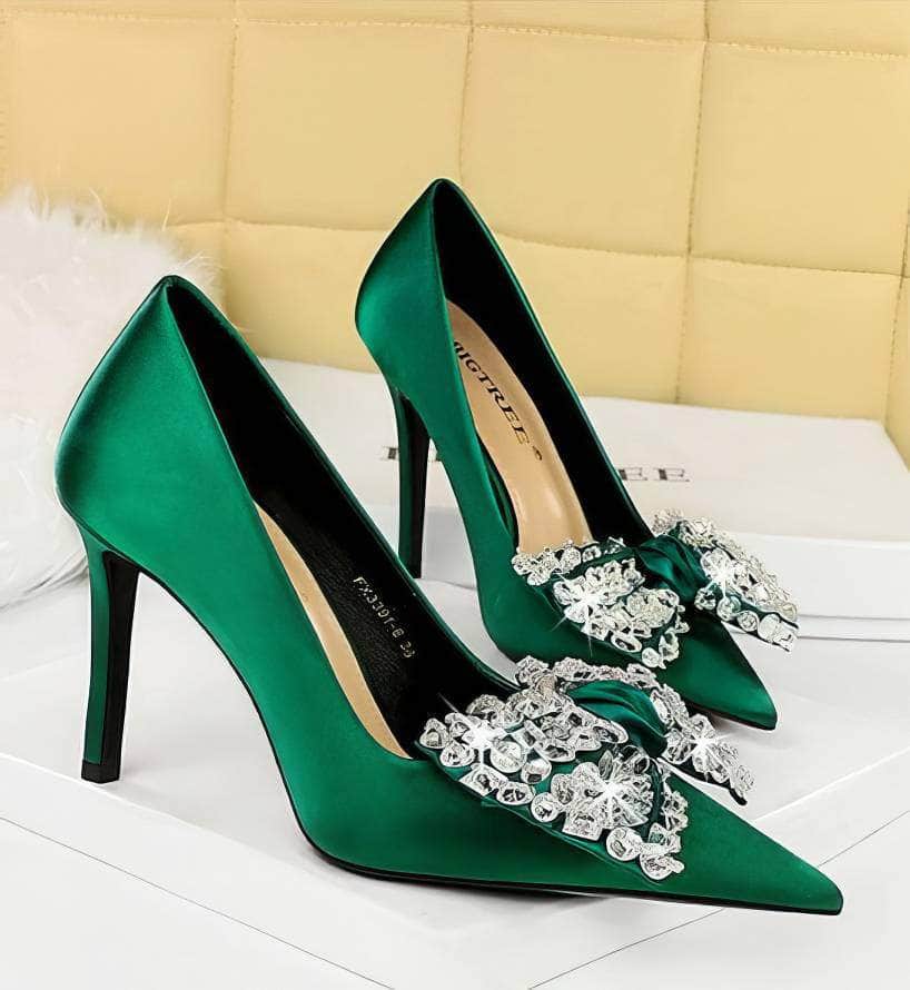 Butterfly Rhinestone Pointy Toes Satin Heels