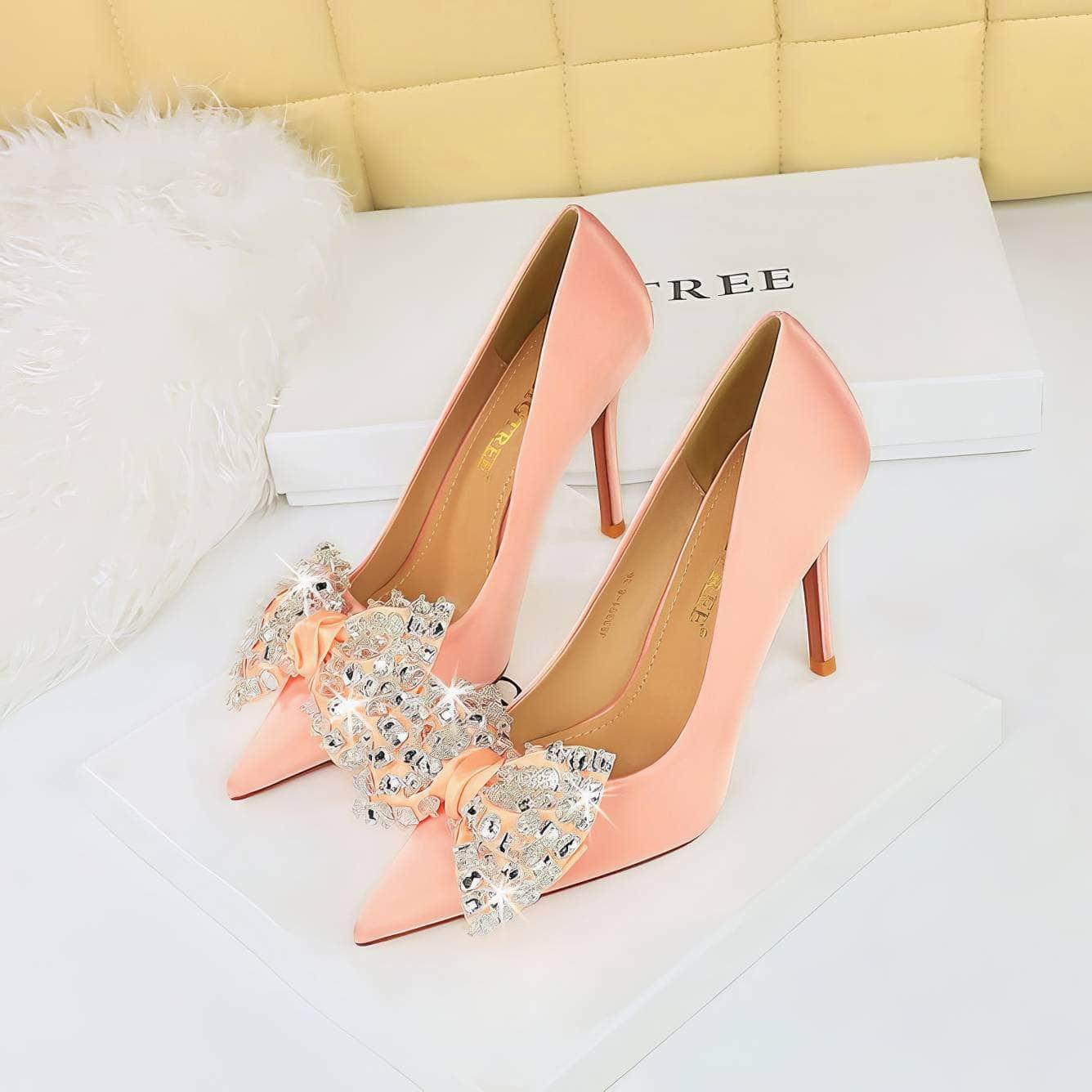 Butterfly Rhinestone Pointy Toes Satin Heels