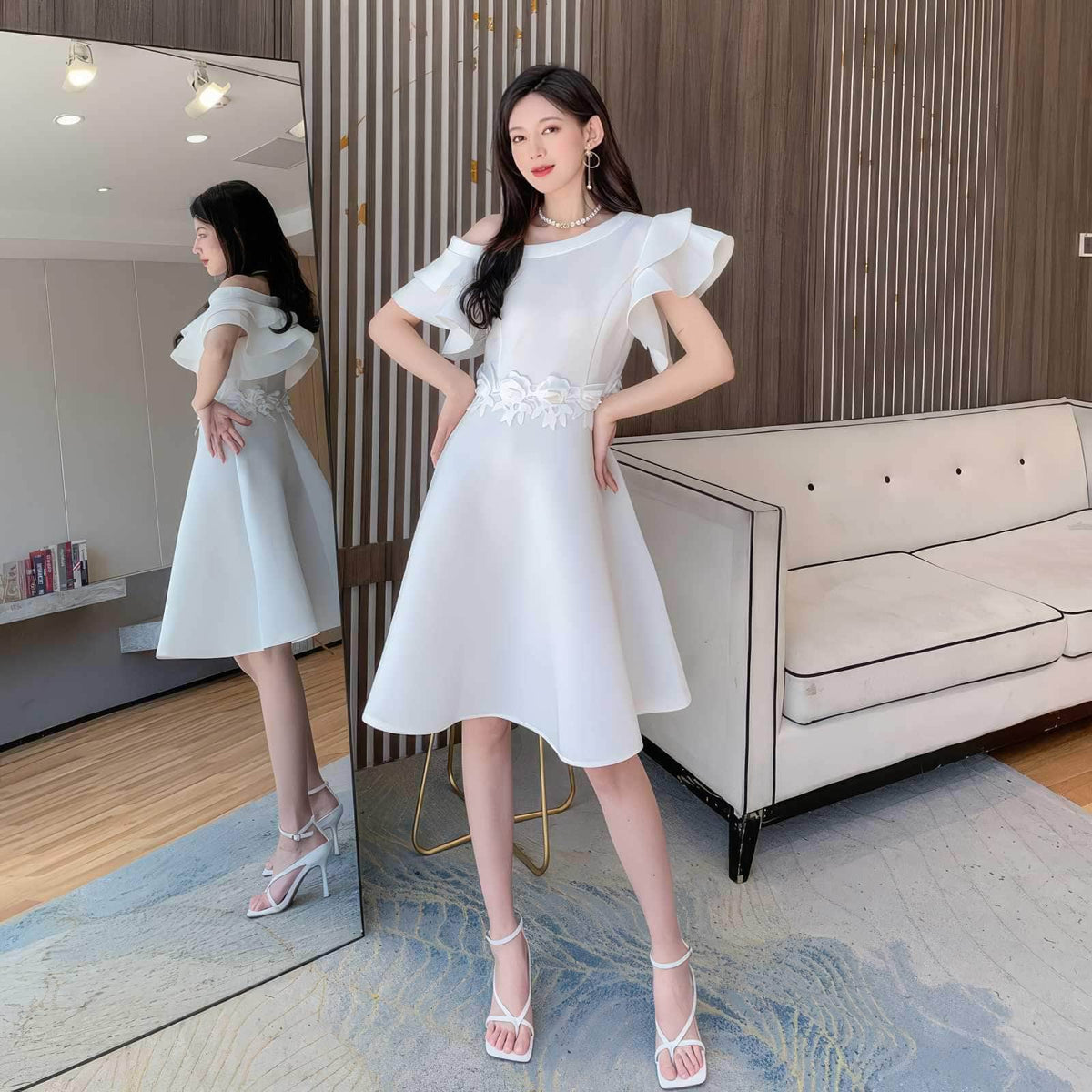 Butterfly Sleeves Floral Embroidered A-Line Dress S / White