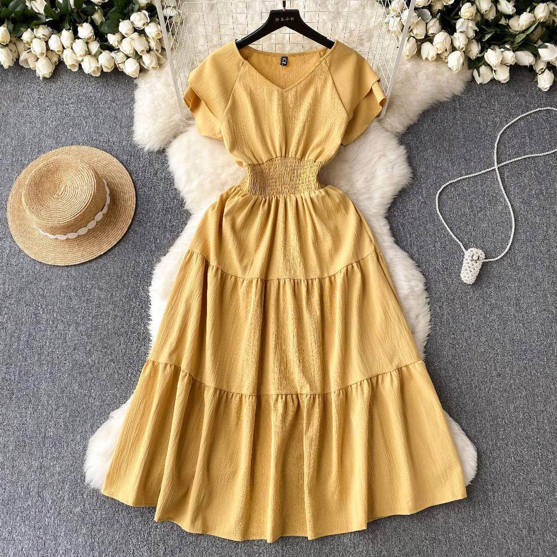 Butterfly Sleeves Ruched Waist Layered A-line Dress