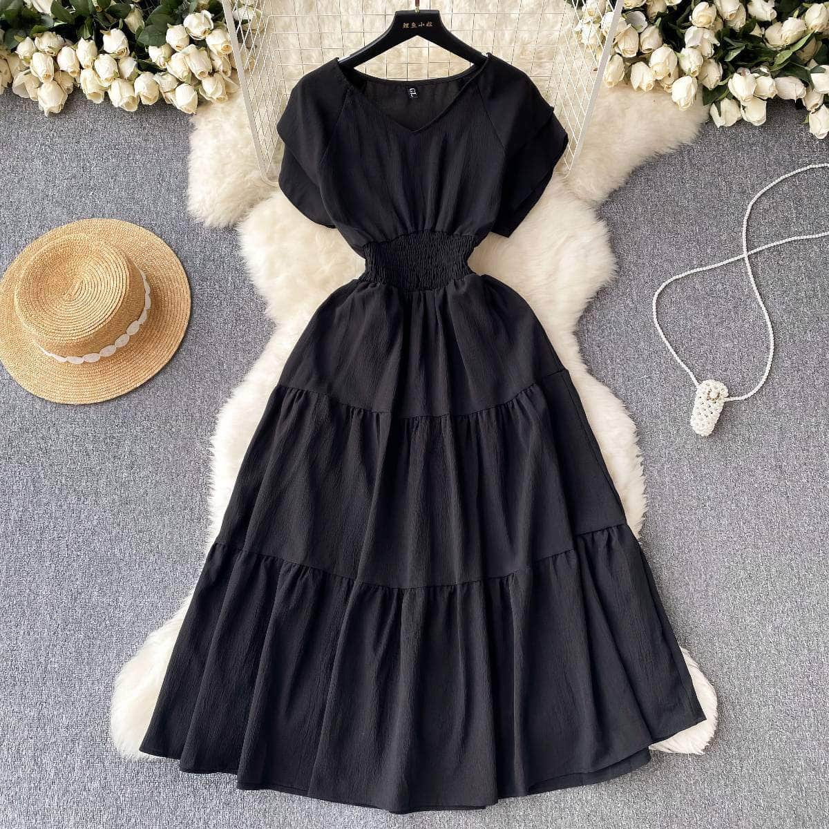 Butterfly Sleeves Ruched Waist Layered A-line Dress MAX SIZE / Black