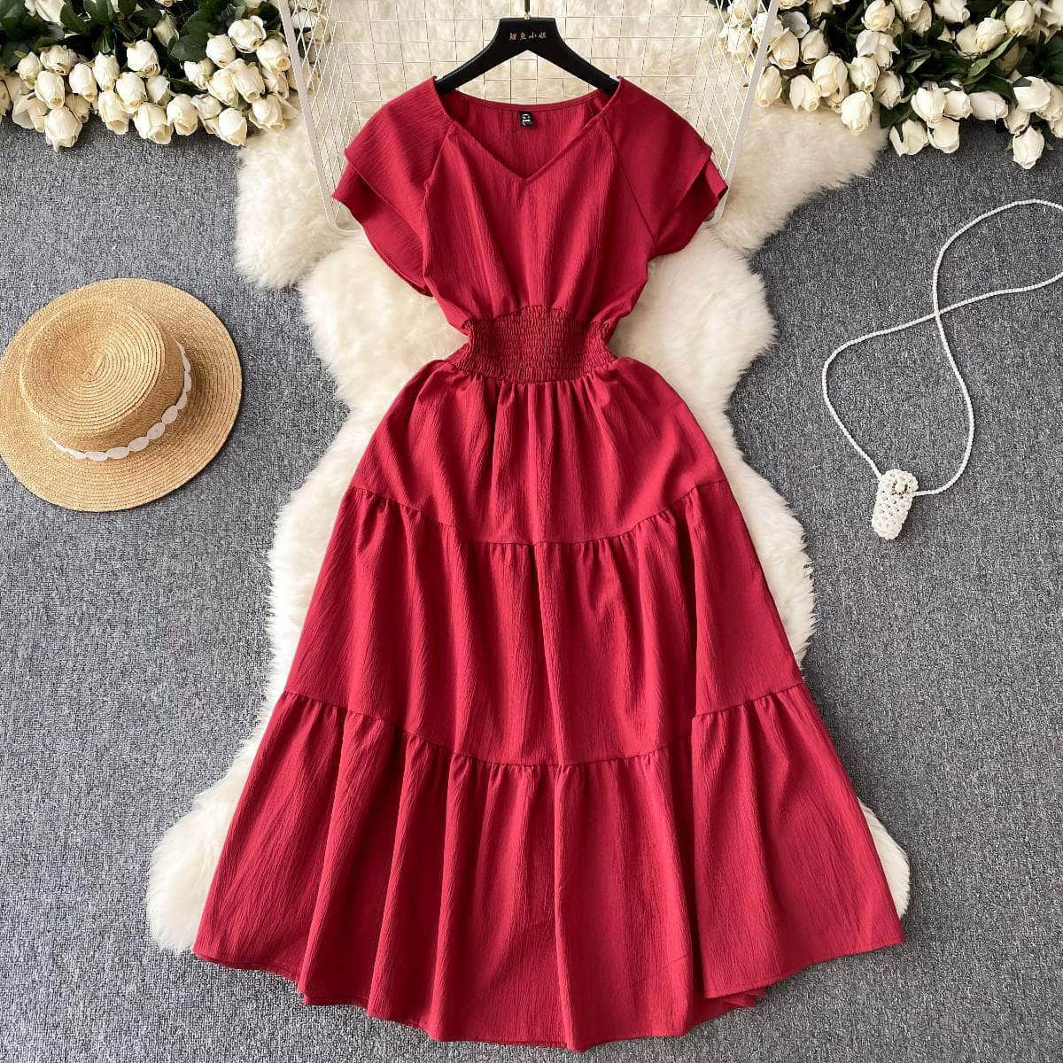 Butterfly Sleeves Ruched Waist Layered A-line Dress MAX SIZE / DarkRed
