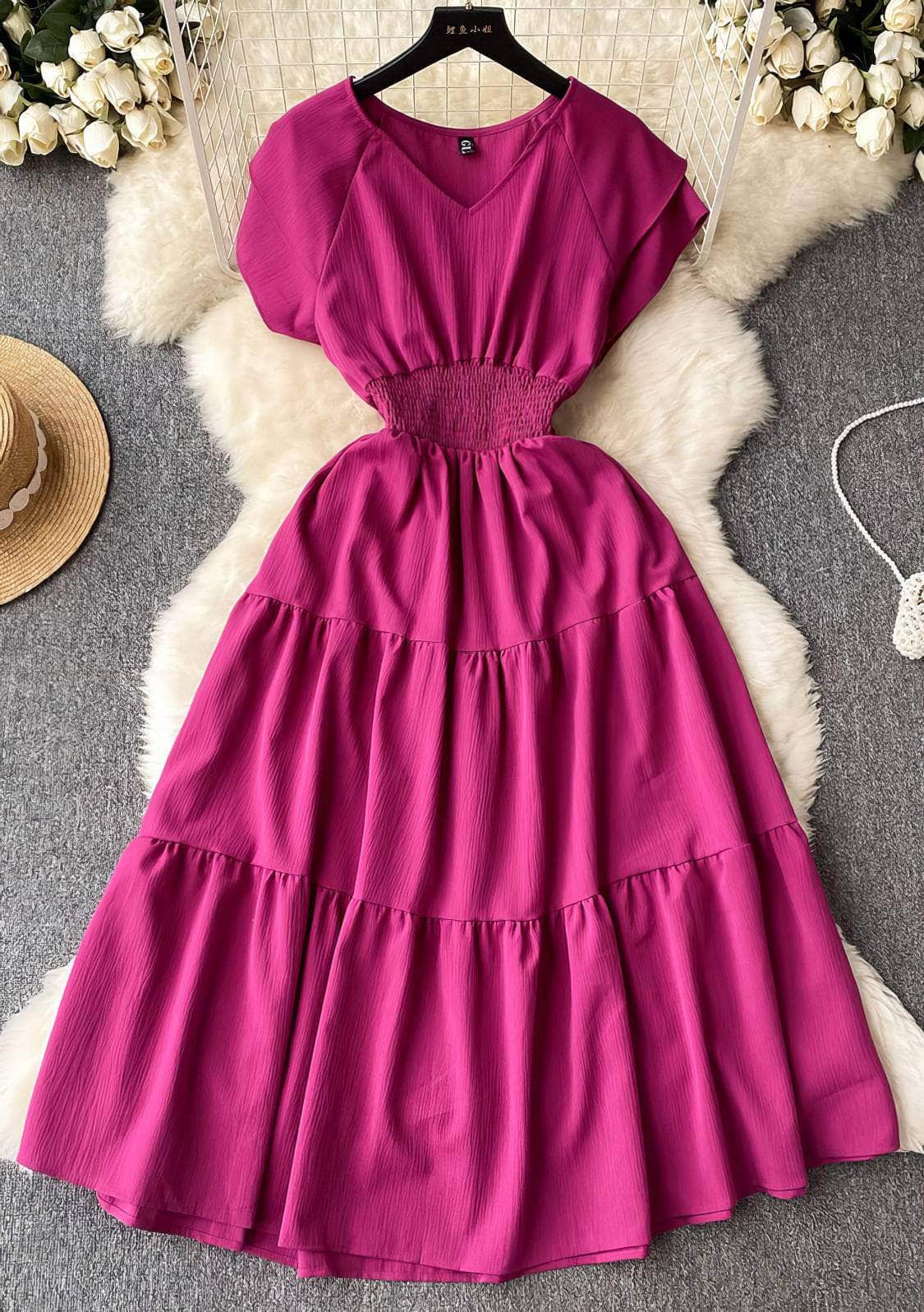 Butterfly Sleeves Ruched Waist Layered A-line Dress MAX SIZE / DeepPink