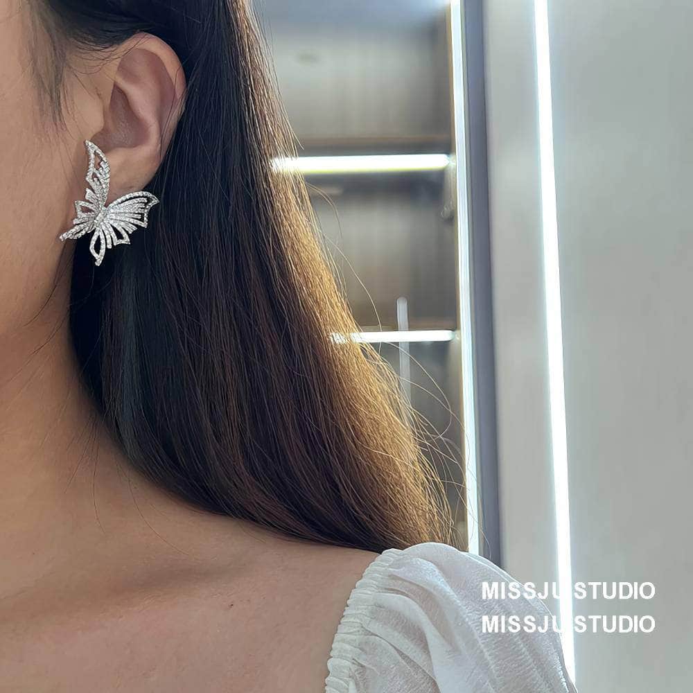 Butterfly Stud Rhinestone Earrings White