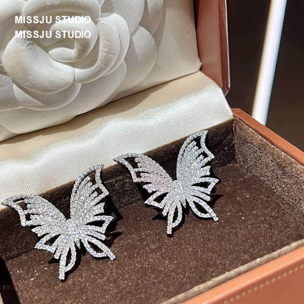 Butterfly Stud Rhinestone Earrings White