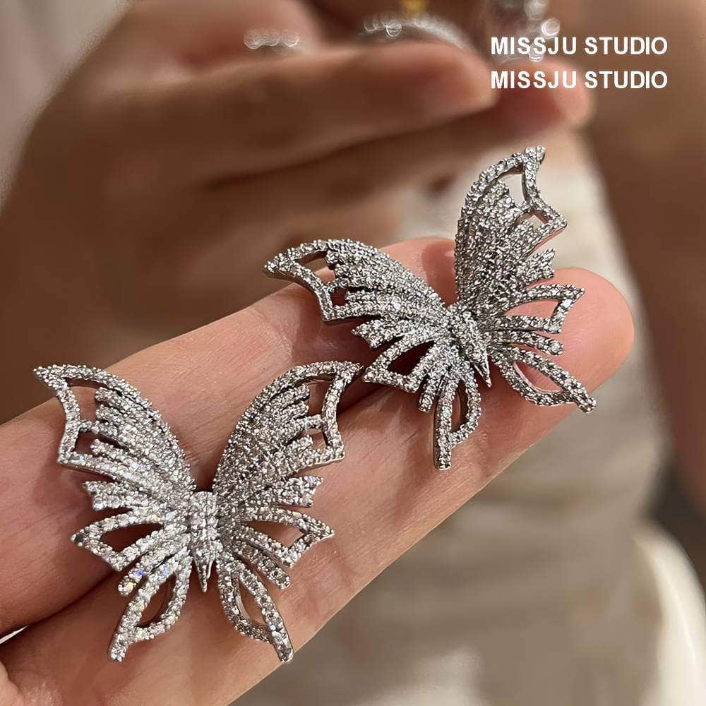 Butterfly Stud Rhinestone Earrings White