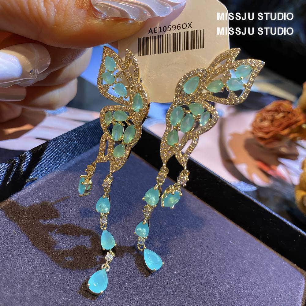 Butterfly Winged Tassel Gold Earrings Green