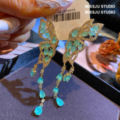 Butterfly Winged Tassel Gold Earrings Green