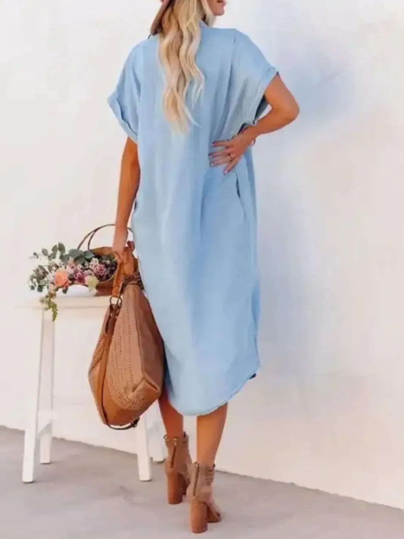 Button Down Denim Midi Shirt Dress