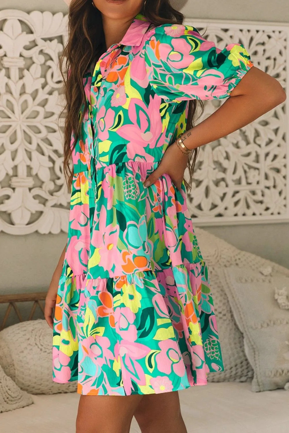 Button Down Floral Puff Sleeve Babydoll Dress