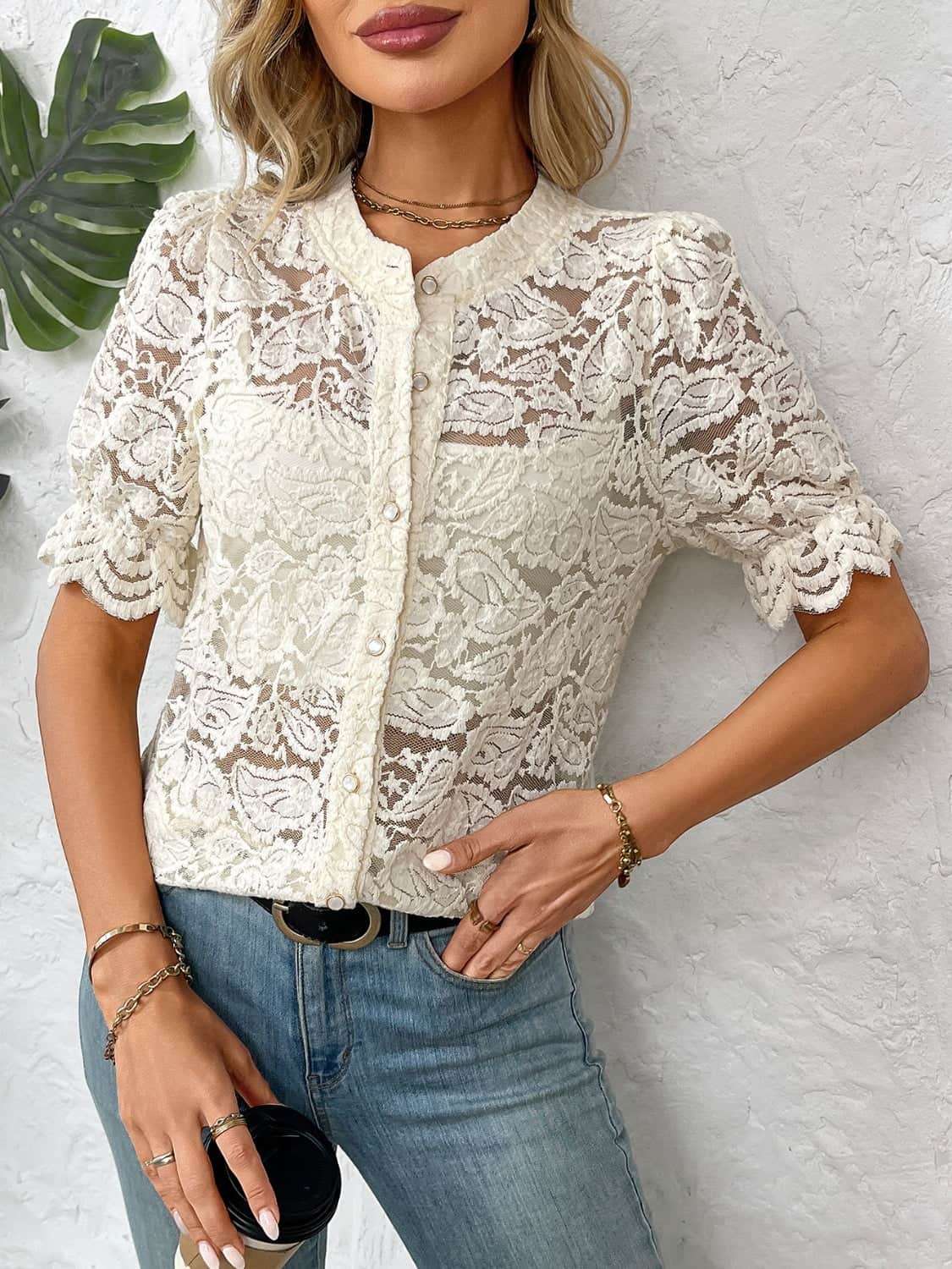Button Down Half Sleeve Lace Shirt Cream / M