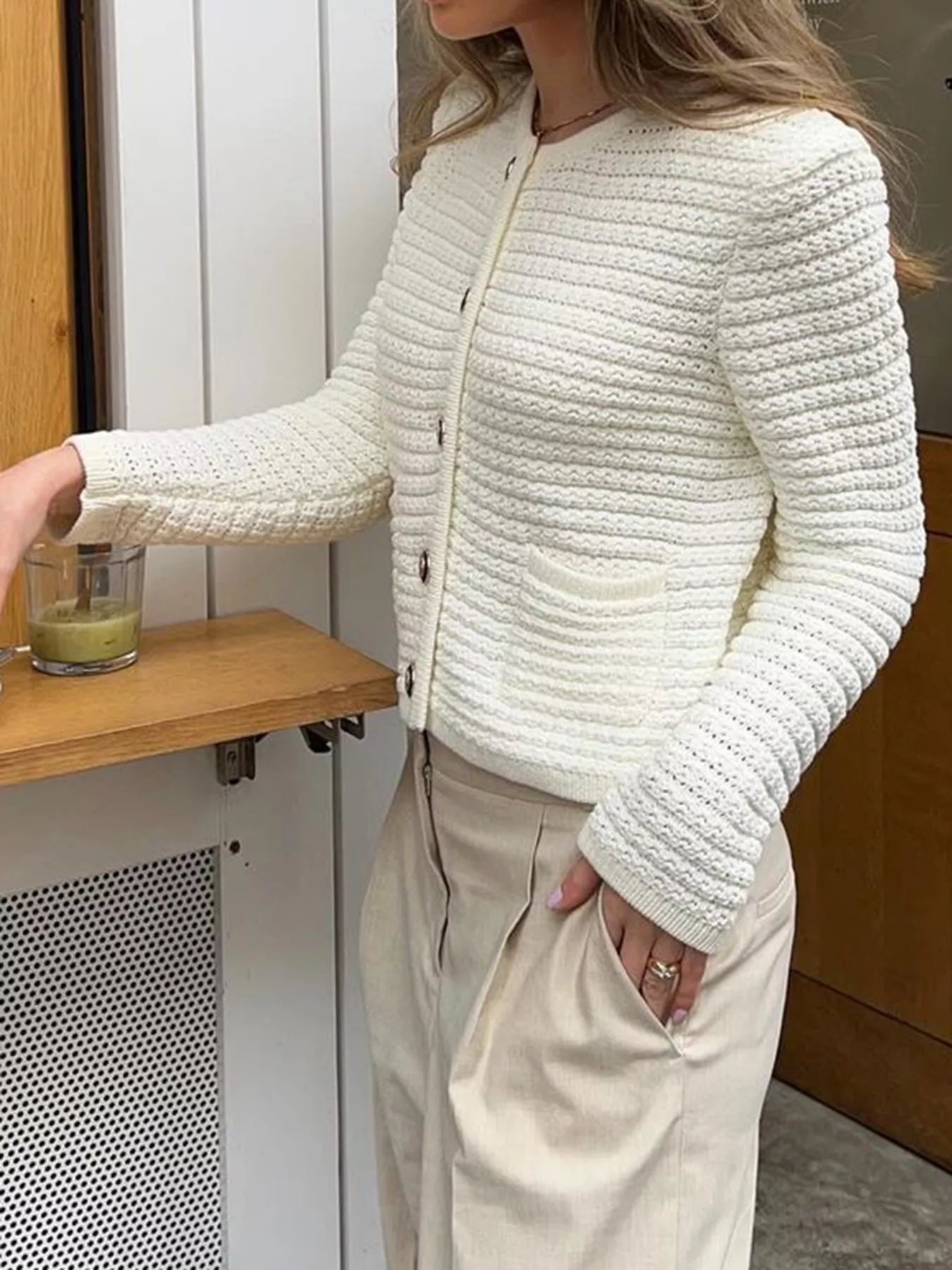 Button-Down Long Sleeve Cardigan Gray/white / S