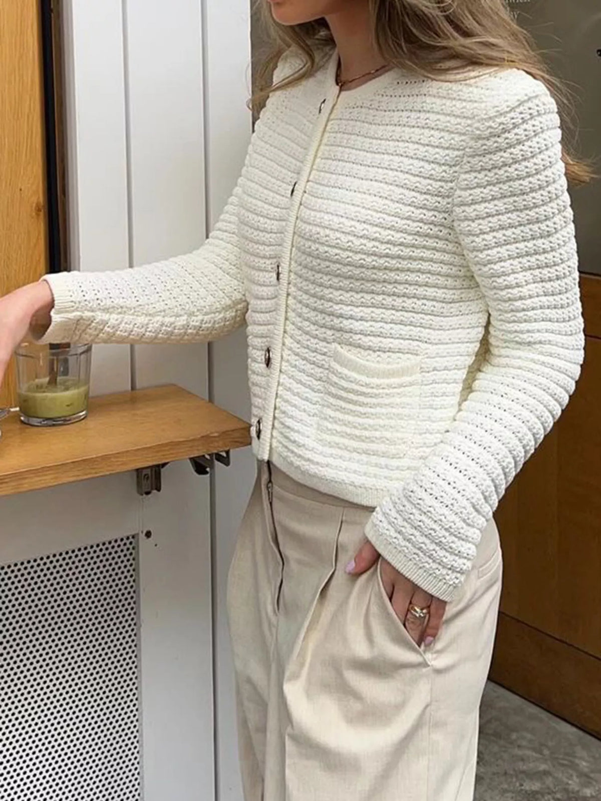 Button-Down Long Sleeve Cardigan Gray/white / S