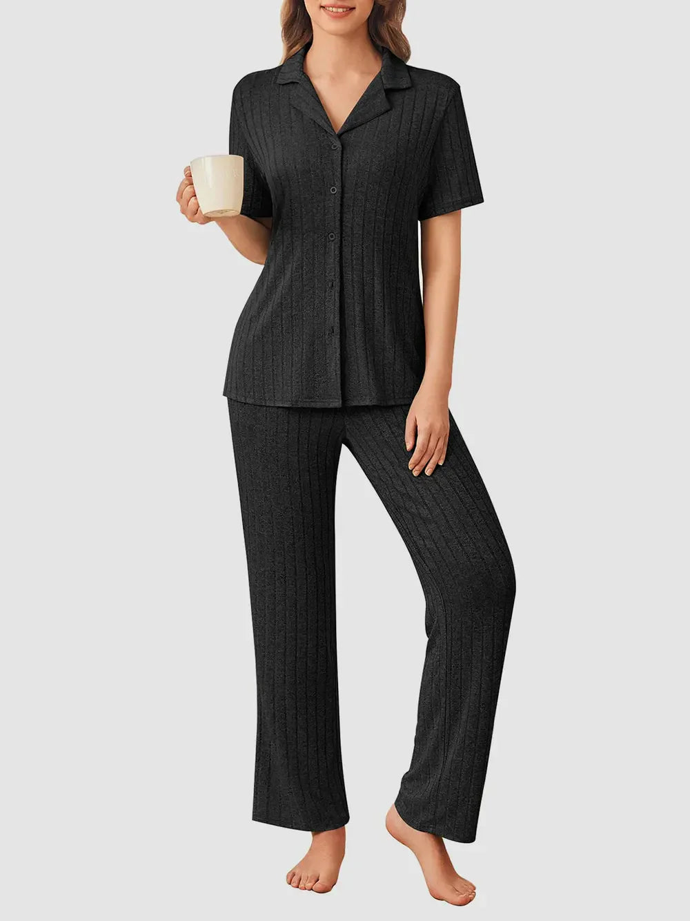 Button Down Long Sleeve Top and Pants Lounge Set Black / S