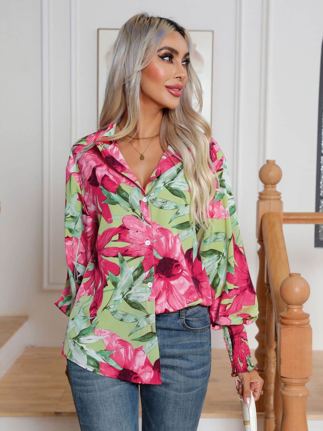 Button Down Printed Long Sleeve Shirt Hot Pink / S