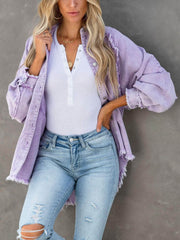 Button Down Raw Hem Denim Jacket Lavender / S