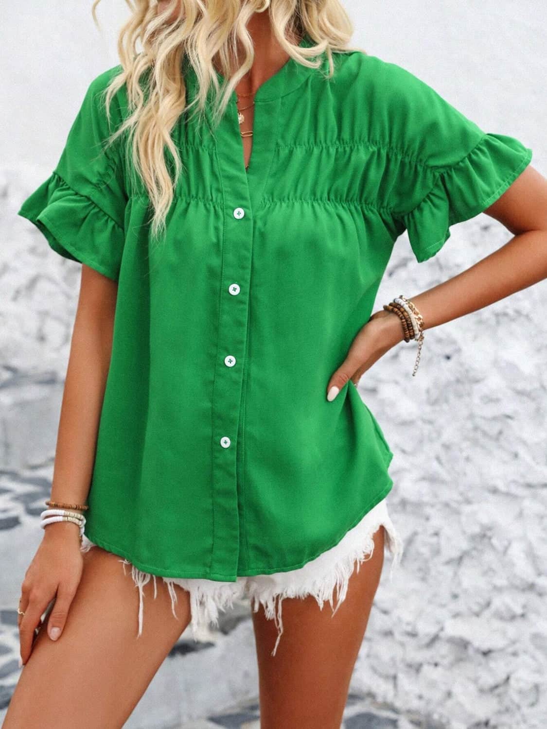 Button Down Ruffled Short Sleeve Shirt Green / S