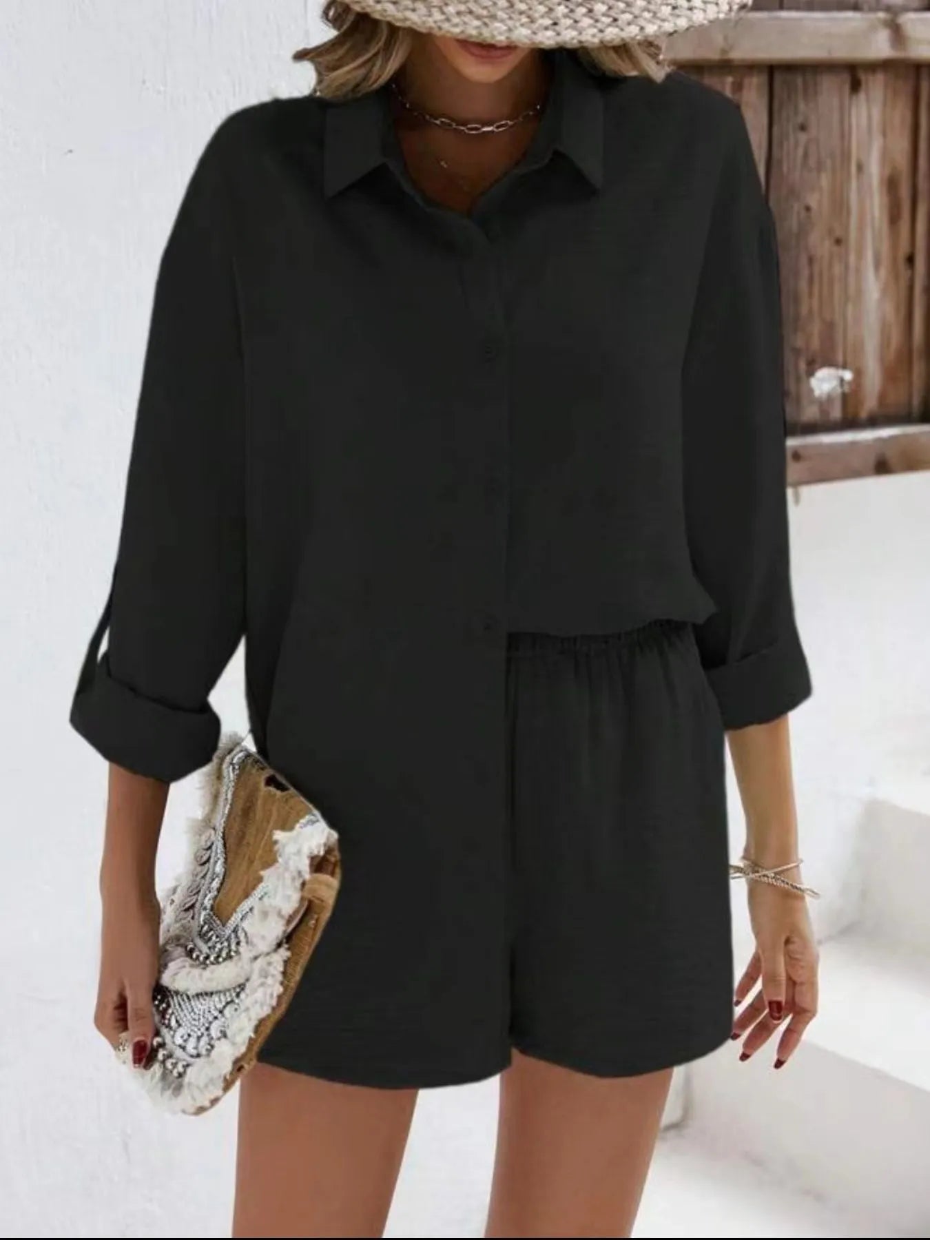 Button Down Shirt and Shorts Set Black / S